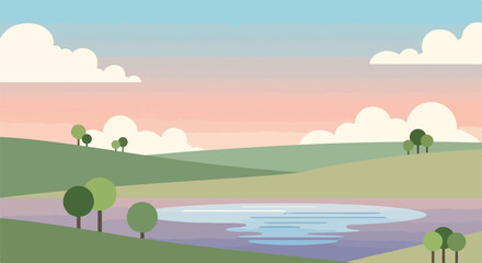 Pixelated landscape depicting hills, clouds, lake, trees, and colorful sky