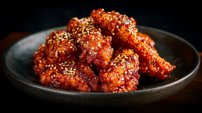 korean fried chicken coated in spicy red sauce with sesame seeds, crispy korean fried chicken glazed with sweet spicy chili sauce, korean style spicy fried chicken wings with sesame topping