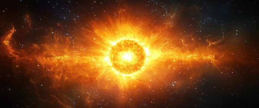 A blazing sunlike star erupts with a bright corona and long fiery solar flares across a dark starry space backdrop.