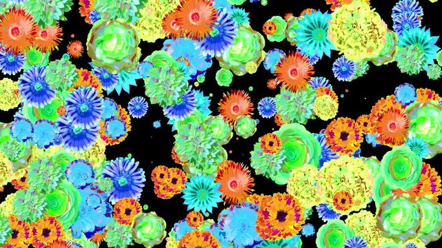 カラフルな花が咲き画面を埋める、4K画質、背景透過の映像素材