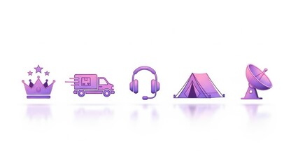 Fototapeta premium Collection of gradient purple icons: crown, delivery van, headphones, tent, satellite dish.