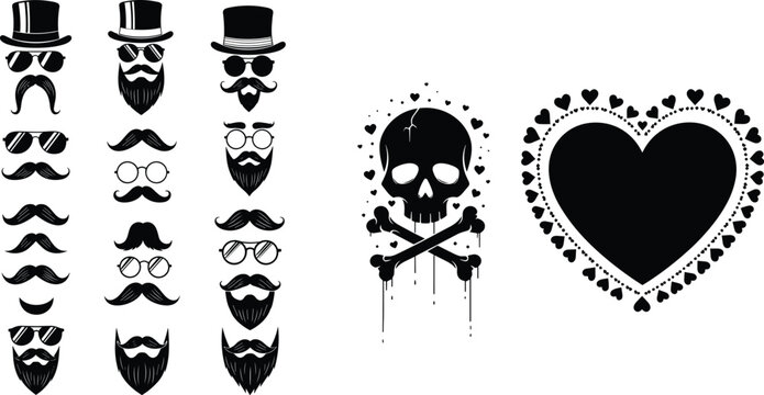 Vintage hipster style mustache beard hat and glasses icon set with skull and decorative heart silhouette isolated on white backgroundVintage hipster style mustache beard hat and glasses icon set with 