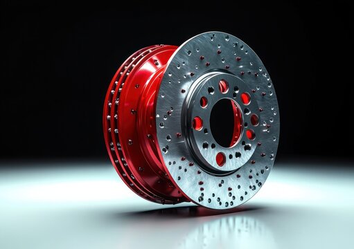shiny drilled silver brake disc with red anodized hub on reflective surface, ventilated circular rotor conveying high-performance precision and sleek industrial style