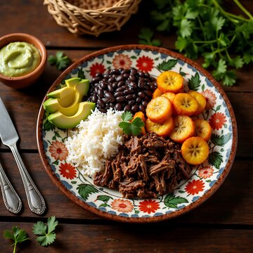Traditional Venezuelan pabellon criollo with shredded beef rice black beans and fried plantains
