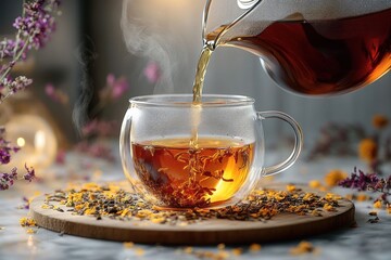 Fototapeta premium Steaming herbal tea being poured from a glass teapot into a double-walled glass cup on a round wooden board with scattered loose tea leaves and yellow petals, warm cozy mood