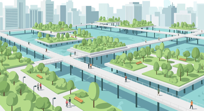 Futuristic Floating City Park with Green Islands and Waterways
