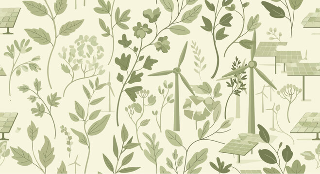 Green energy and nature seamless pattern: wind turbines, solar panels, plants, leaves