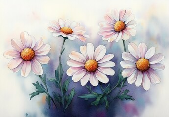 Fototapeta premium delicate watercolor daisies with soft pink-tinted petals, golden centers and green foliage conveying gentle serenity