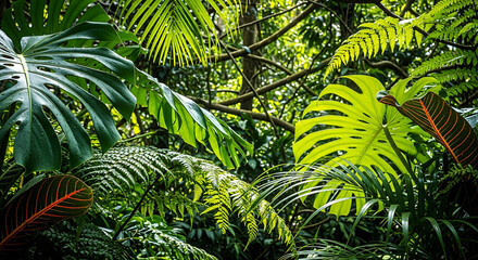 Fototapeta premium Tropical jungle foliage with large green leaves and ferns