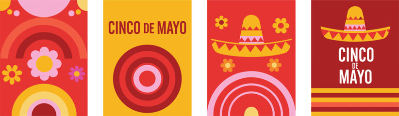 Fototapeta premium Festive Cinco de Mayo illustrations featuring traditional Mexican sombrero hats, rainbows, and floral elements in a vibrant color palette for celebration