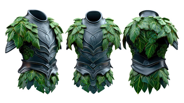 Nature's Armor: Intricate metal armor, adorned with vibrant green leaves, stands as a testament to craftsmanship. Showcasing the harmonious blend of nature's beauty and the art of protection.