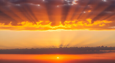 Obraz premium Vibrant orange sunset over water with sun rays through clouds