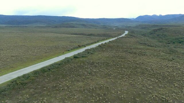 A long, winding road stretches through a grassy expanse with distant mountains under a cloudy sky.