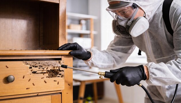 Pest control professional in a protective suit and mask spraying insecticide on a cockroach-infested wooden cabinet.