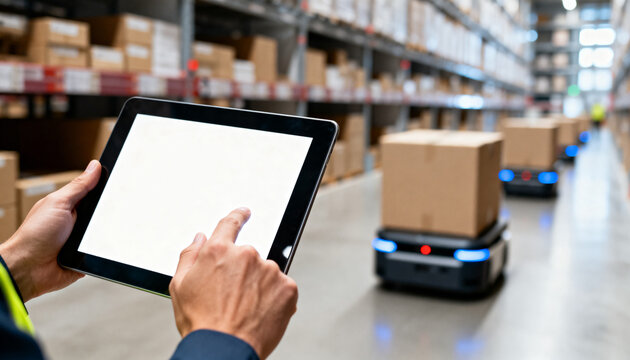 A person's hands operating a digital tablet with a blank screen in a modern logistics center, featuring automated robots transporting boxes in the background.
