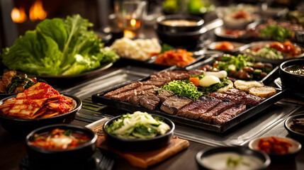 Obraz premium korean barbecue grill with assorted meats and traditional side dishes, korean bbq table with grilled beef kimchi and banchan sides, authentic korean barbecue dining experience with sizzling meat on gr
