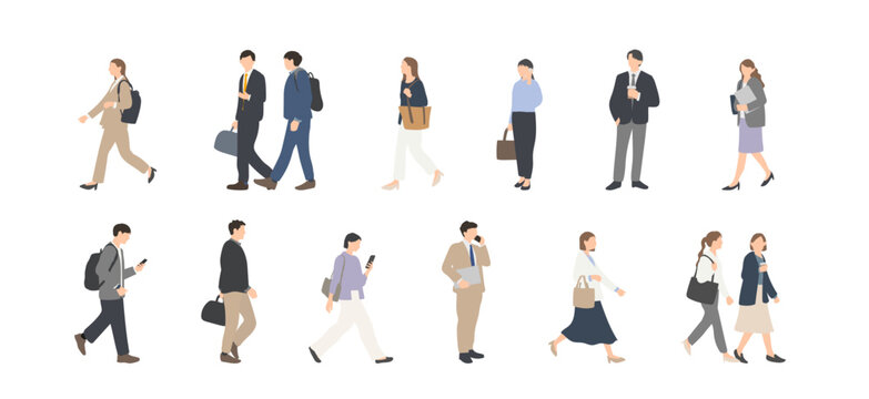 通勤するビジネスパーソンの人物セット　スマートフォン・バッグ・コーヒーを持つ男女