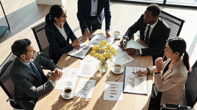 Diverse group of businesspeople sitting around a table with papers and laptops