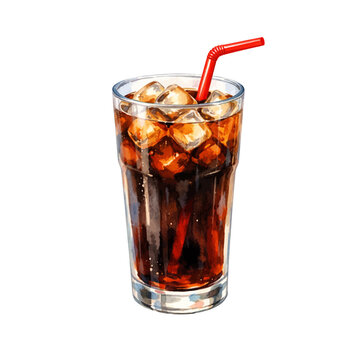 A watercolor vector of a glass of cola with ice and straw for beverage menu designs, soda drink illustrations, and refreshing drink clipart