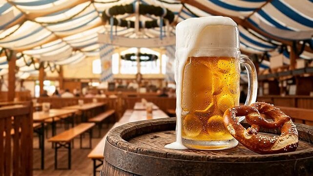 Massive frosted glass stein overflowing with golden beer and thick foam rests on a vintage oak barrel beside a pretzel for Oktoberfest.
