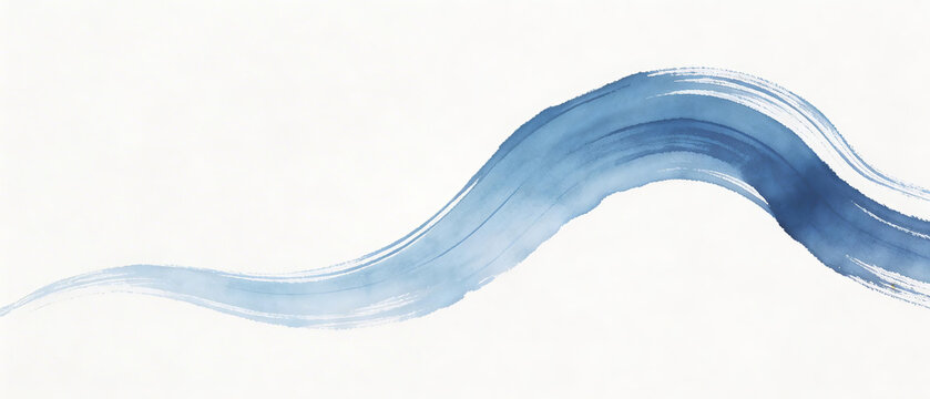 Abstract blue ink wash wave artwork with brush stroke texture on white background. Fluid, curved line design, minimalist modern aesthetic, suitable for decorative or graphic elements.