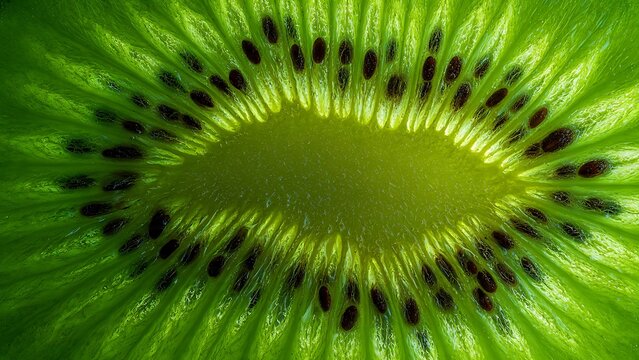 Fresh kiwi fruit interior macro showing radial seed pattern and vibrant green pulp texture ideal for healthy food concept