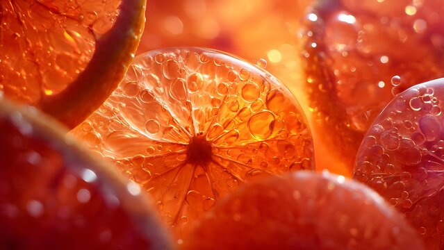 Macro view of citrus fruit interior revealing translucent juice vesicles glowing in warm light showing fresh organic fruit texture