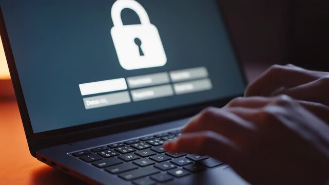 A person using a laptop with a lock on the screen for security