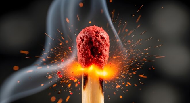The sudden ignition of a red matchstick erupts in a shower of brilliant sparks and ethereal smoke, serving as a powerful metaphor for the spark of inspiration and the catalyst of change