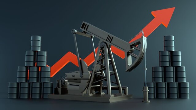 A 3d rendering of oil pump jack or nodding donkey, oil barrels, and red upward-trending arrow. A visualization of rising oil prices and energy market trends.