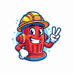 Fototapeta premium Fire Hydrant Mascot with Construction Helmet Making Peace Sign