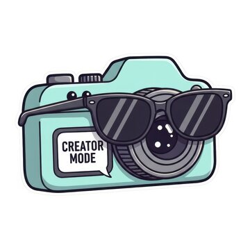 A cartoon camera with sunglasses and a creator mode sticker