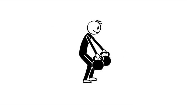 Stick figure person doing squats exercise with two kettlebells on a white background