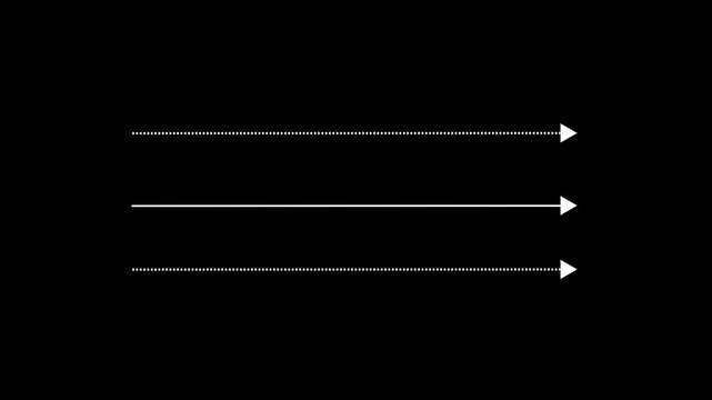 White straight arrows animation. Reveal and hide animation of solid, dashed, and dotted arrows. Isolated on a black background. Glowing arrow animation. 4k video