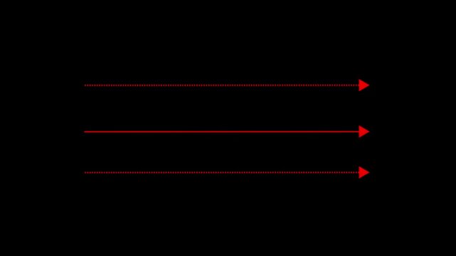 Red straight arrows animation. Reveal and hide animation of solid, dashed, and dotted arrows. Isolated on a black background. Glowing arrow animation. 4k video