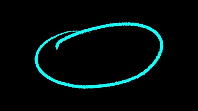 Hand drawn cyan marker circle or oval highlight frame for emphasis isolated on black background. motion graphics of concept. 4k video. animation