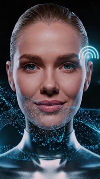 Futuristic white woman wrapped in neon ribbon, sleek bodysuit, swirling blue light traces, facial grid forms then shifts into augmented headset, ear signal icon, product testing scenario,