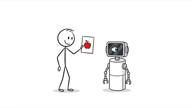Stick figure person showing an apple drawing to a confused robot with a question mark