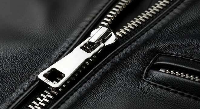 Close-up of a Metal Zipper on a Black Leather Jacket with Detailed Texture and Stitching
