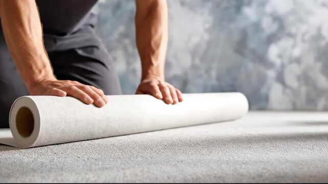 Man hands unrolling wallpaper during home renovation