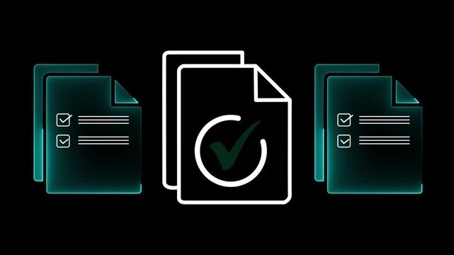 Regulatory and compliance concepts on the transparent background. Corporate governance documents. Motion graphics with a check box list displayed on a virtual screen. 4k video animation.