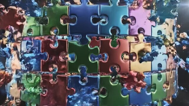 Colorful puzzle piece pattern abstract background with glossy texture, vibrant blue and green hues, shiny metallic floating pieces, creative playful scattered 3D design, imagination, fun challenge