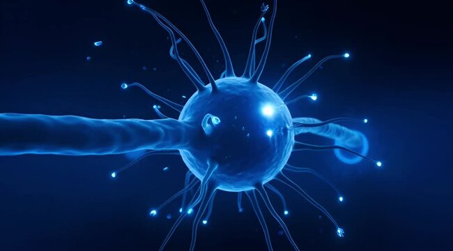 A detailed microscopic visualization of a glowing blue neuron cell with extended synaptic branches