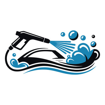 A professional car wash logo featuring a high pressure water spray gun and abstract blue bubbles