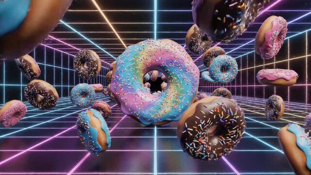 Colorful donut sprinkle chocolate blue pink floating neon grid futuristic dessert sweet glaze pastry digital art creative imaginative vibrant playful abstract 3D modern background with glazed