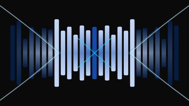 Abstract equalizer bars and neon lines pulse with sound on black background