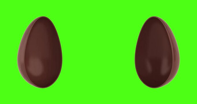 4k Resolution Video: Chocolate Easter Egg  Symbolizing Sweet Gift Reveal And Splitting Into Two Halves With Empty Space Inside On Green Screen Chroma Key Background with Alpha Matte