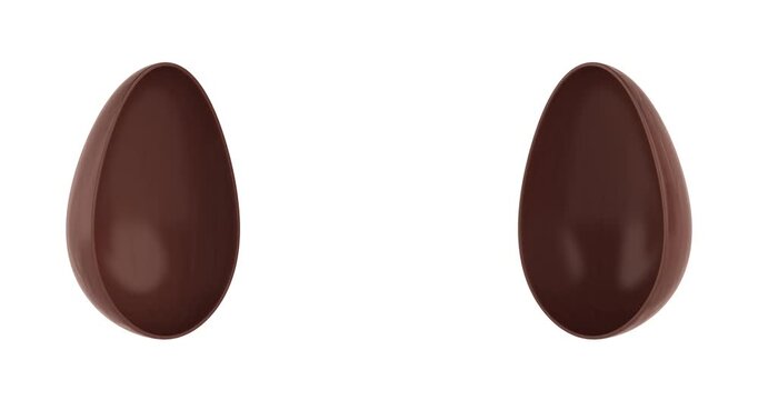 4k Resolution Video: Easter Holiday Surprise Concept. Chocolate Easter Egg  Symbolizing Sweet Gift Reveal And Splitting Into Two Halves With Empty Space Inside On White Background with Alpha Matte