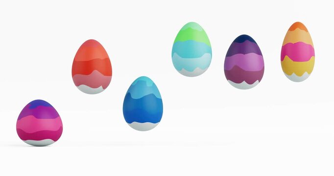 4k Resolution Video: Spring Holiday Animation Concept. Colorful Easter Eggs Symbolizing Festive Celebration, Joy, And Seasonal Decoration, Jumping In Motion On White Background With Alpha Matte