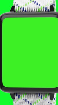 4k Resolution Vertical Video for Social Media: App Or Interface Mockup Modern Smartwatch With Textile Strap Show Green Chroma Key Screen On Green Screen Background with Alpha Matte